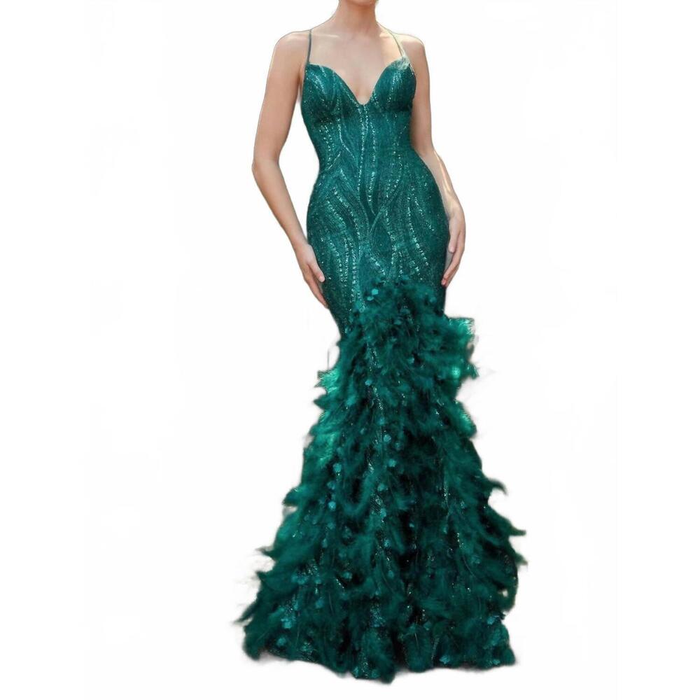 NEW ANDREA & LEO COUTURE glitter feather gown in emerald